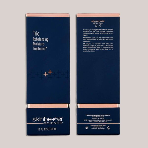 A high-resolution image of the Trio Rebalancing Moisture Treatment, 50 ml packaging, featuring custom lighting and background that highlights the clean, minimalist design of the packaging, reflecting the product’s premium hydrating and moisture-balancing properties.