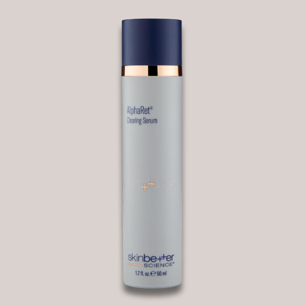 A high-resolution image of the AlphaRet Clearing Serum, 50 ml, with a custom-designed background and lighting that highlights the product’s sleek packaging and advanced formulation for reducing blemishes and enhancing skin clarity.