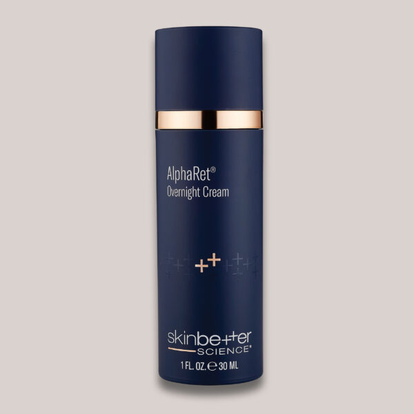 A high-resolution image of the AlphaRet Overnight Cream, 30 ml, with a custom-designed background and lighting to emphasize the product’s premium packaging and its anti-aging, overnight skin renewal benefits.