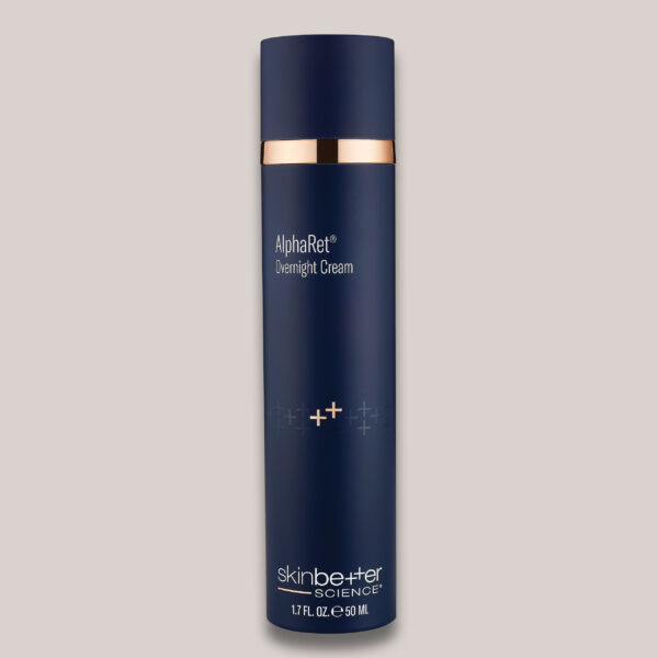 A high-resolution image of the AlphaRet Overnight Cream, 50 ml, featuring custom lighting and background, designed to showcase the product’s sleek packaging and its nighttime anti-aging formulation for skin rejuvenation.