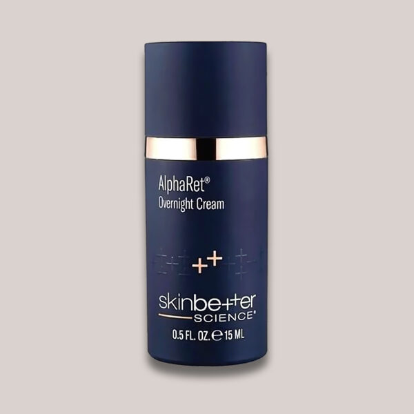 A high-resolution image of the AlphaRet Overnight Cream, Travel Size (15 ml), featuring a custom-designed background and lighting to emphasize the compact travel-friendly packaging and its anti-aging, skin renewal benefits for overnight use.