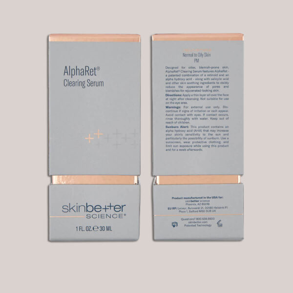 A high-resolution image of the AlphaRet Clearing Serum, 30 ml packaging, showcasing the minimalist and sleek design of the product box, with a custom background that complements the premium aesthetic of the packaging.