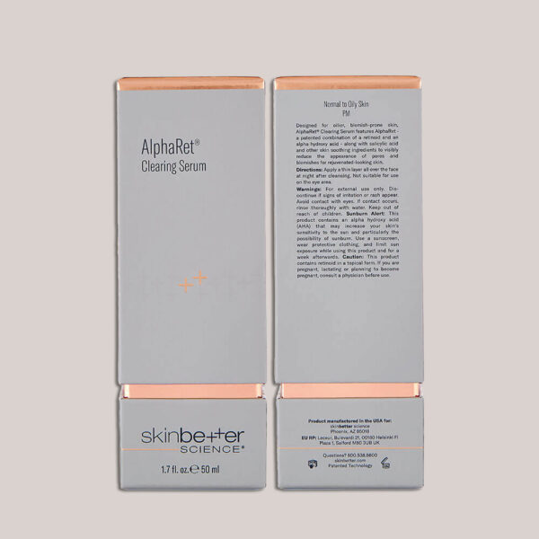 A high-resolution image of the AlphaRet Clearing Serum, 50 ml packaging, highlighting the sleek, minimalist design of the product box, with custom lighting and background to showcase the premium look and feel of the packaging.