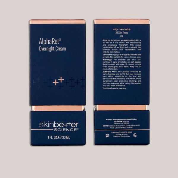 A high-resolution image of the AlphaRet Overnight Cream, 30 ml packaging, with a custom-designed background and lighting that highlights the sleek and minimalist packaging design, conveying the product’s premium quality.