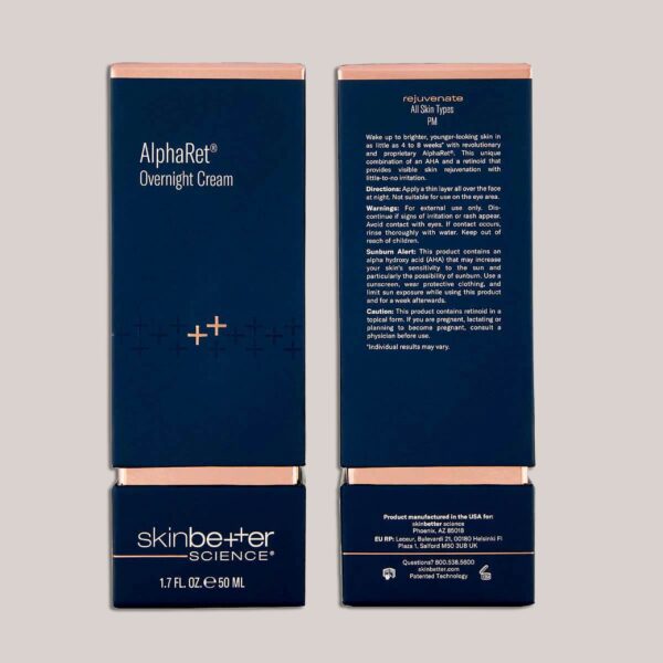 A high-resolution image of the AlphaRet Overnight Cream, 50 ml packaging, featuring custom lighting and background that showcases the clean, minimalist packaging design, created to reflect the product’s luxurious, anti-aging properties.