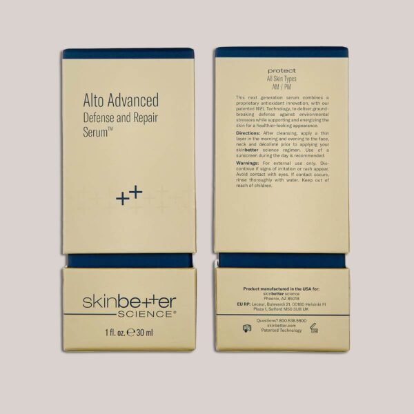 A high-resolution image of the Alto Advanced Defense and Repair Serum, 30 ml packaging, showcasing the minimalist and sleek packaging design with custom background and lighting, emphasizing the product’s premium quality.