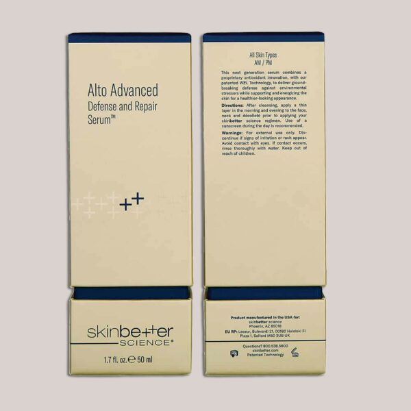 A high-resolution image of the Alto Advanced Defense and Repair Serum, 50 ml packaging, featuring custom lighting and background, emphasizing the minimalist and modern design of the packaging, reflecting the product’s premium and advanced formulation.