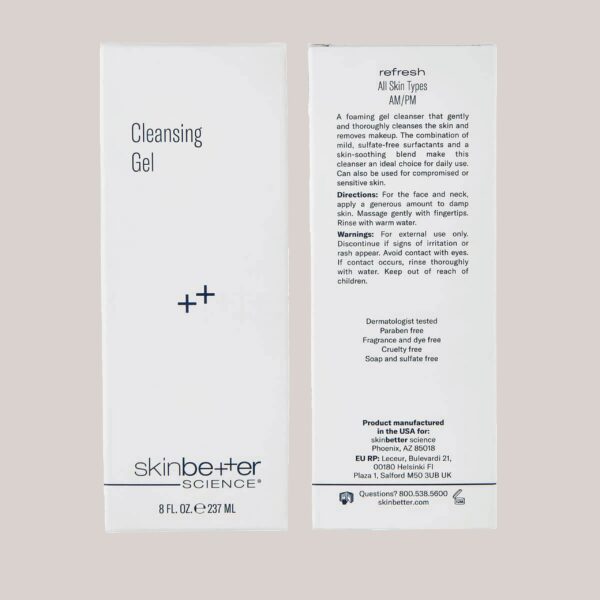 A high-resolution image of the SkinBetter Cleansing Gel, 8 fl oz packaging, featuring custom lighting and background that emphasize the clean and minimalist design of the packaging, reflecting the product’s high-quality, gentle cleansing formulation.