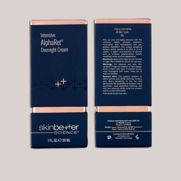 A high-resolution image of the AlphaRet Intensive Overnight Cream, 30 ml packaging, showcasing the minimalist, high-end design of the box with custom lighting and background, emphasizing the product’s premium quality.