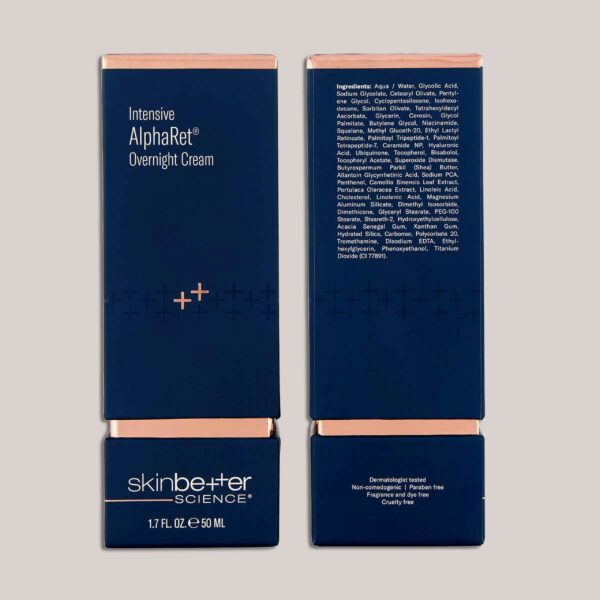 A high-resolution image of the AlphaRet Intensive Overnight Cream, 50 ml packaging, featuring custom lighting and background to highlight the luxurious design of the packaging, reflecting the product’s intensive overnight treatment for skin rejuvenation.