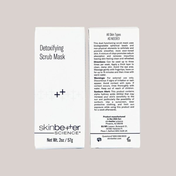 A high-resolution image of the Detoxifying Scrub Mask, 2 oz packaging, featuring custom lighting and background that emphasize the clean, modern packaging design, highlighting the product’s detoxifying and exfoliating properties for clear, refreshed skin.