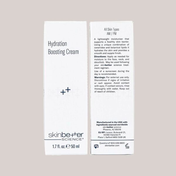 A high-resolution image of the Hydration Boosting Cream, 50 ml packaging, featuring custom lighting and background that showcase the sleek and minimalist design of the packaging, emphasizing the product’s premium quality and hydrating benefits.