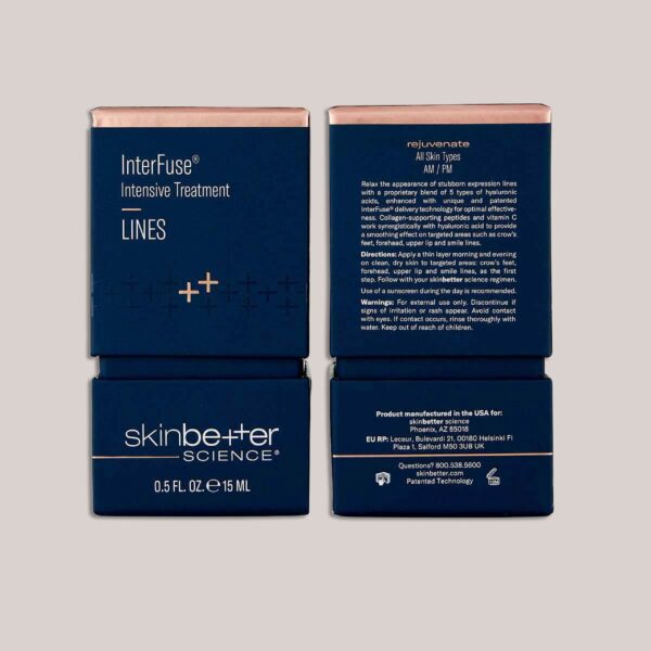 A high-resolution image of the InterFuse Intensive Treatment LINES, 15 ml packaging, showcasing the compact, minimalist design of the packaging with custom lighting and background to reflect the product’s premium anti-aging and travel-friendly benefits.