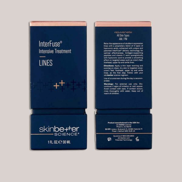 A high-resolution image of the InterFuse Intensive Treatment LINES, 30 ml packaging, featuring custom lighting and background that highlights the minimalist and premium design of the packaging, emphasizing the product’s powerful anti-aging and wrinkle-smoothing benefits.