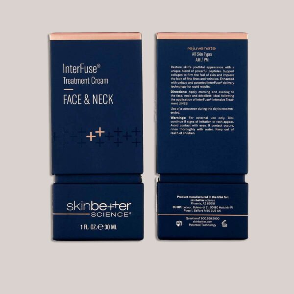 A high-resolution image of the InterFuse Treatment Cream FACE & NECK, 30 ml packaging, featuring custom lighting and background to highlight the clean and sophisticated packaging design. This product offers targeted treatment for both the face and neck to reduce signs of aging.