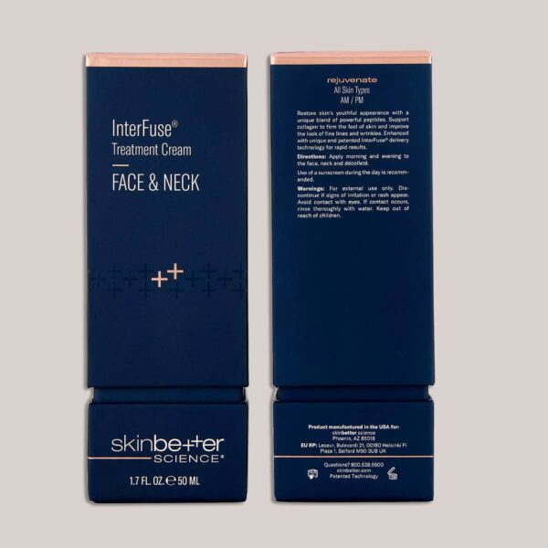 A high-resolution image of the InterFuse Treatment Cream FACE & NECK, 50 ml packaging, featuring custom lighting and background to highlight the premium packaging design, which reflects the product’s advanced anti-aging and skin-firming benefits for the face and neck.