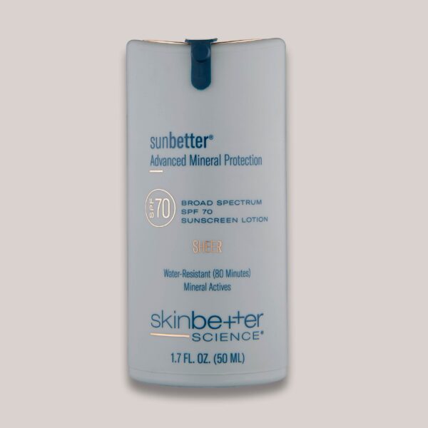 A high-resolution image of the sunbetter SHEER SPF 70 Sunscreen Lotion, 50 ml, showcasing its lightweight formula that offers high SPF 70 protection against UVA and UVB rays with a smooth, sheer finish that blends seamlessly into the skin.