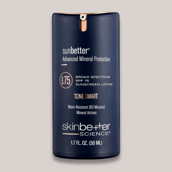 A high-resolution image of the sunbetter TONE SMART SPF 75 Sunscreen Lotion, 50 ml, showcasing its tone-adapting formula that provides SPF 75 protection while evening out skin tone for a smooth, flawless complexion.