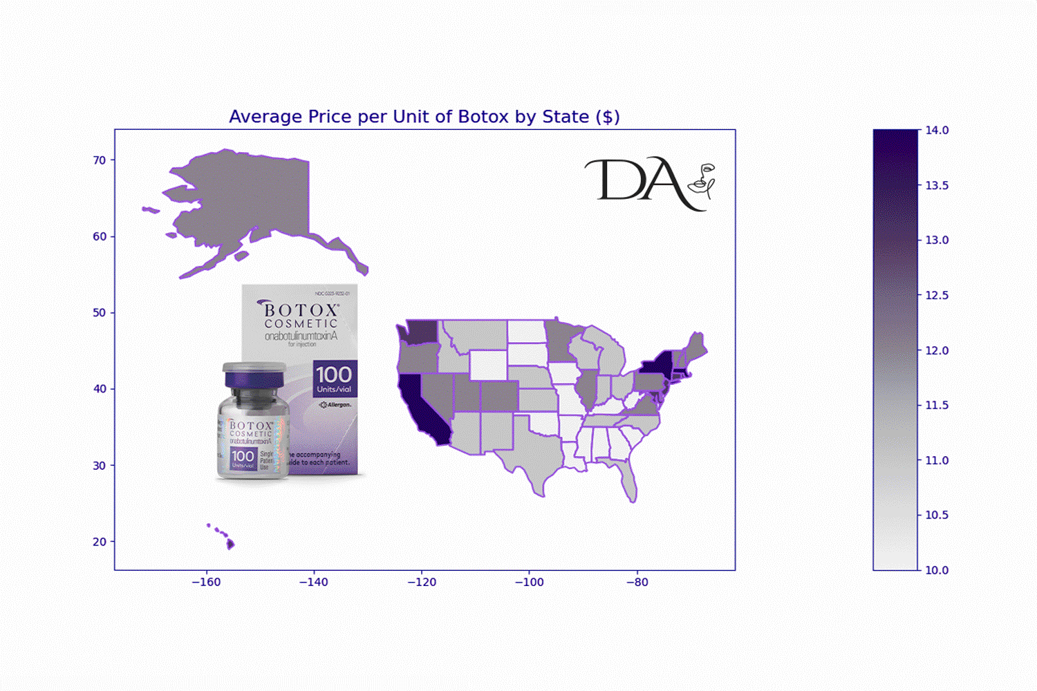 diagram illustrating average price per unit of Botox by State using dark colors to represent higher prices and light colors to represent states with lower prices