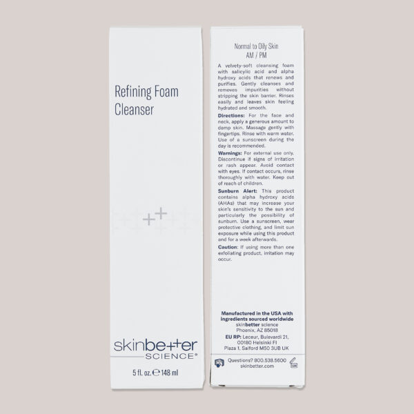 A high-resolution image of the Refining Foam Cleanser, 5 fl oz packaging, featuring custom lighting and background that emphasize the clean, modern packaging design