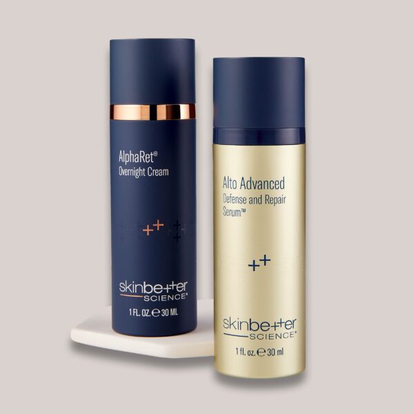 A high-resolution image of the Where to Start Regimen, highlighting two essential skincare products: AlphaRet Overnight Cream, which provides advanced anti-aging and overnight skin renewal, and Alto Advanced Defense and Repair, a potent antioxidant serum designed to protect and repair the skin. This regimen is ideal for improving overall skin health and targeting signs of aging.