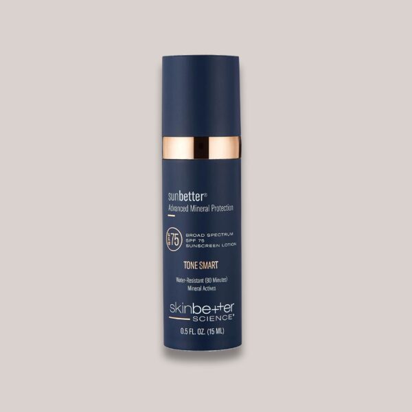 A high-resolution image of the sunbetter TONE SMART SPF 75 Sunscreen Lotion, Travel Size (15 ml), highlighting the travel-friendly packaging and tone-adapting formula that offers SPF 75 sun protection while evening out skin tone for a flawless complexion.