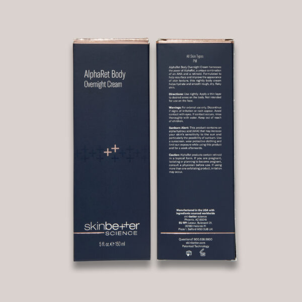 A high-resolution image of the AlphaRet Body Overnight Cream, 5 fl oz packaging, featuring custom lighting and background that highlights the sleek and modern design of the packaging, reflecting the product’s advanced overnight body treatment formula that combines exfoliation and hydration for anti-aging benefits.