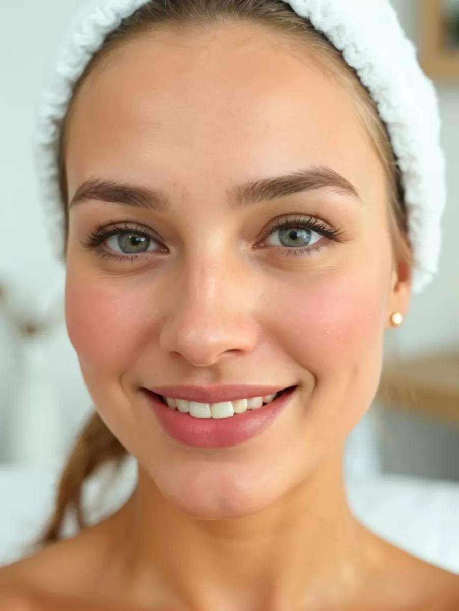 female with glowing, radiant skin in a spa-like setting