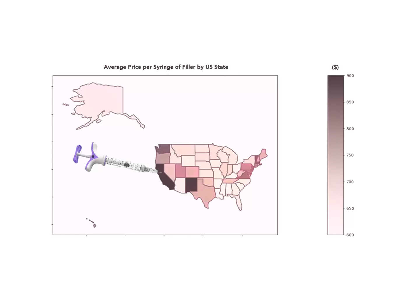 Chart depicting average price of fillers by map of the United States