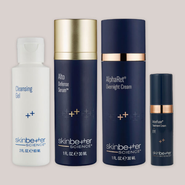 SkinBetter Protect + Rejuvenate Regimen featuring full-size Alto Defense Serum and AlphaRet Overnight Cream, alongside complimentary trial sizes of Cleansing Gel and InterFuse Treatment Cream EYE, displayed elegantly on a neutral background.