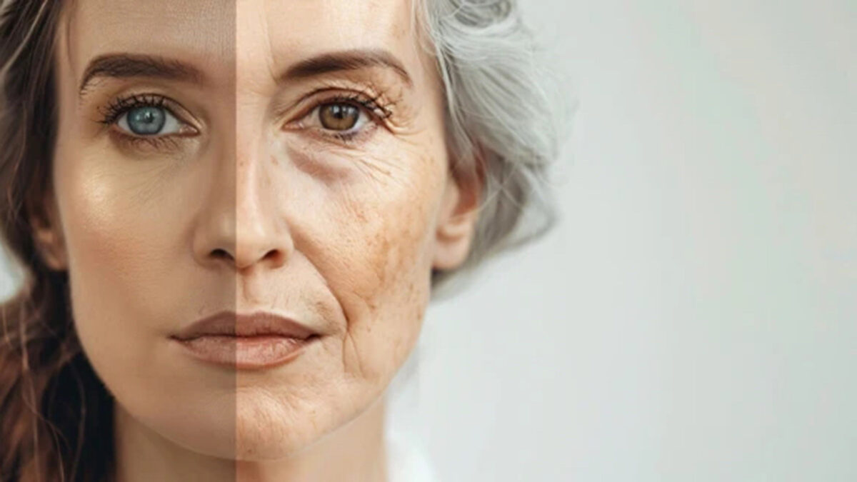 Woman showing aging in representation of younger self vs older self